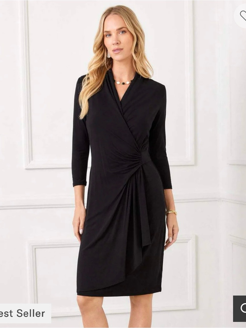 Karen Kane 3/4 Sleeve Cascade Black Wrap-Detail Dress Size Medium Professional